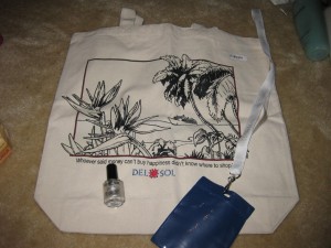 Del Sol tote bag, lanyard, and nail polish