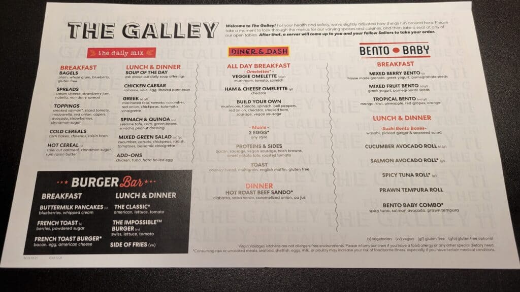 The on sale galley menu